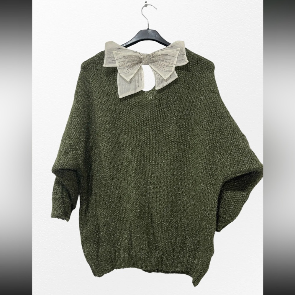 Made in Italy- Olive Sweater with Cream Bow